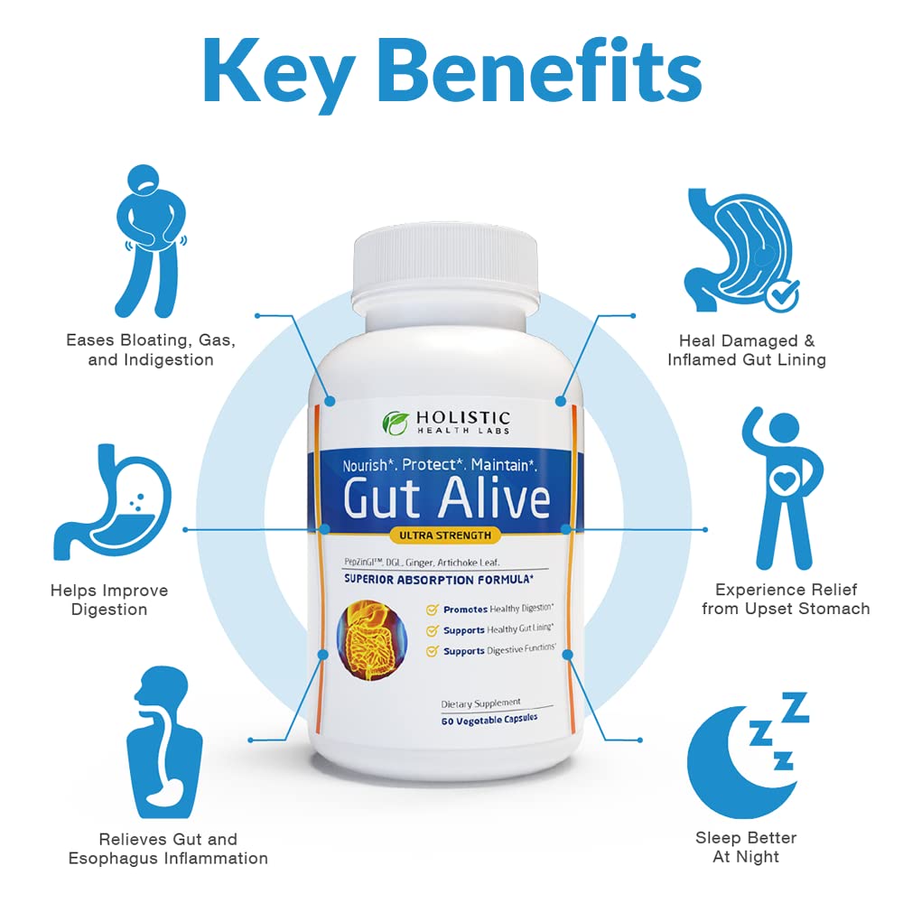 Holistic Health Labs Gut Alive - All Natural Support to Fight IBS, Heartburn, Acid Indigestion, Acid Reflux, Bloating & Gas. Unique Formulation