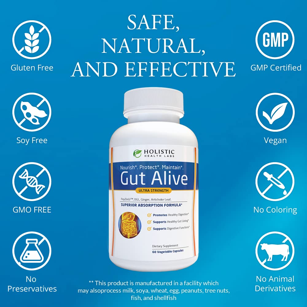 Holistic Health Labs Gut Alive - All Natural Support to Fight IBS, Heartburn, Acid Indigestion, Acid Reflux, Bloating & Gas. Unique Formulation