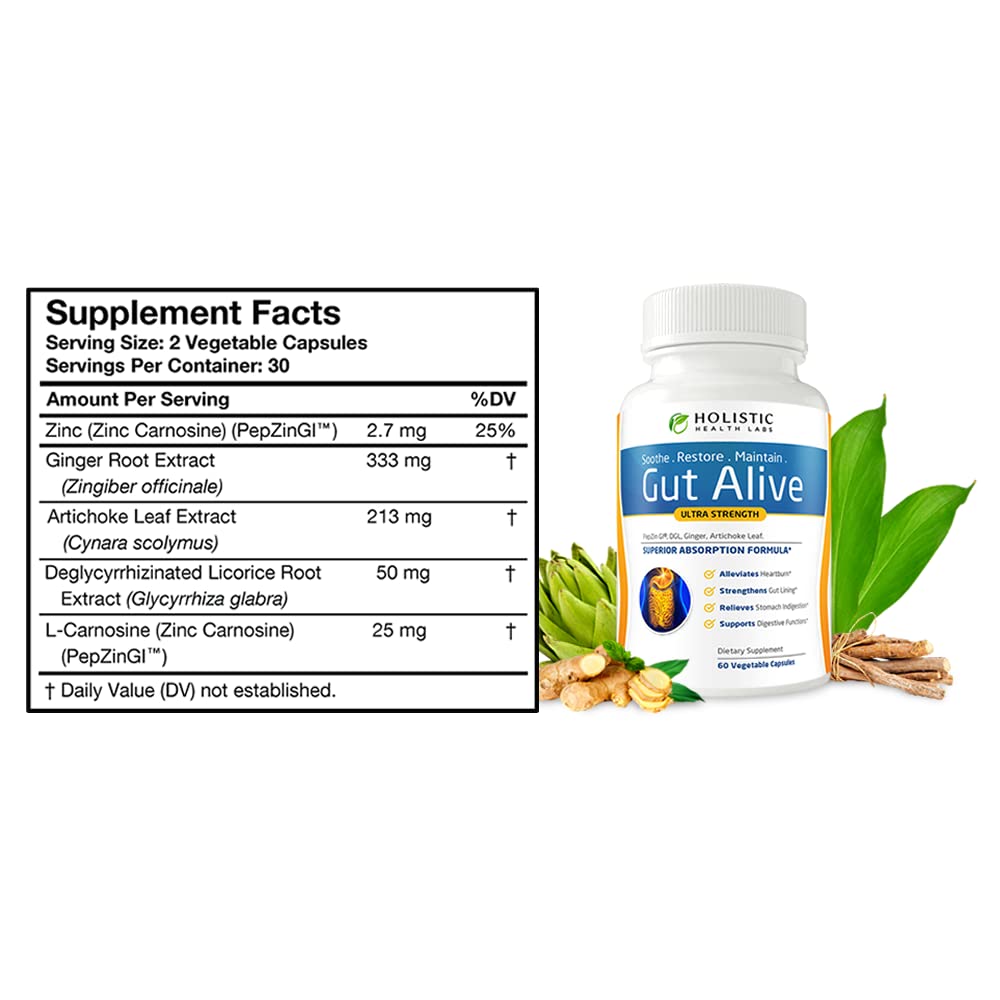 Holistic Health Labs Gut Alive - All Natural Support to Fight IBS, Heartburn, Acid Indigestion, Acid Reflux, Bloating & Gas. Unique Formulation