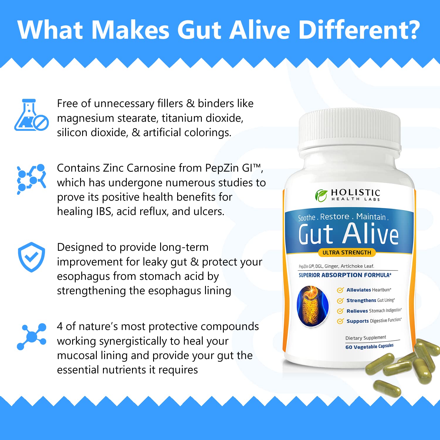 Holistic Health Labs Gut Alive - All Natural Support to Fight IBS, Heartburn, Acid Indigestion, Acid Reflux, Bloating & Gas. Unique Formulation