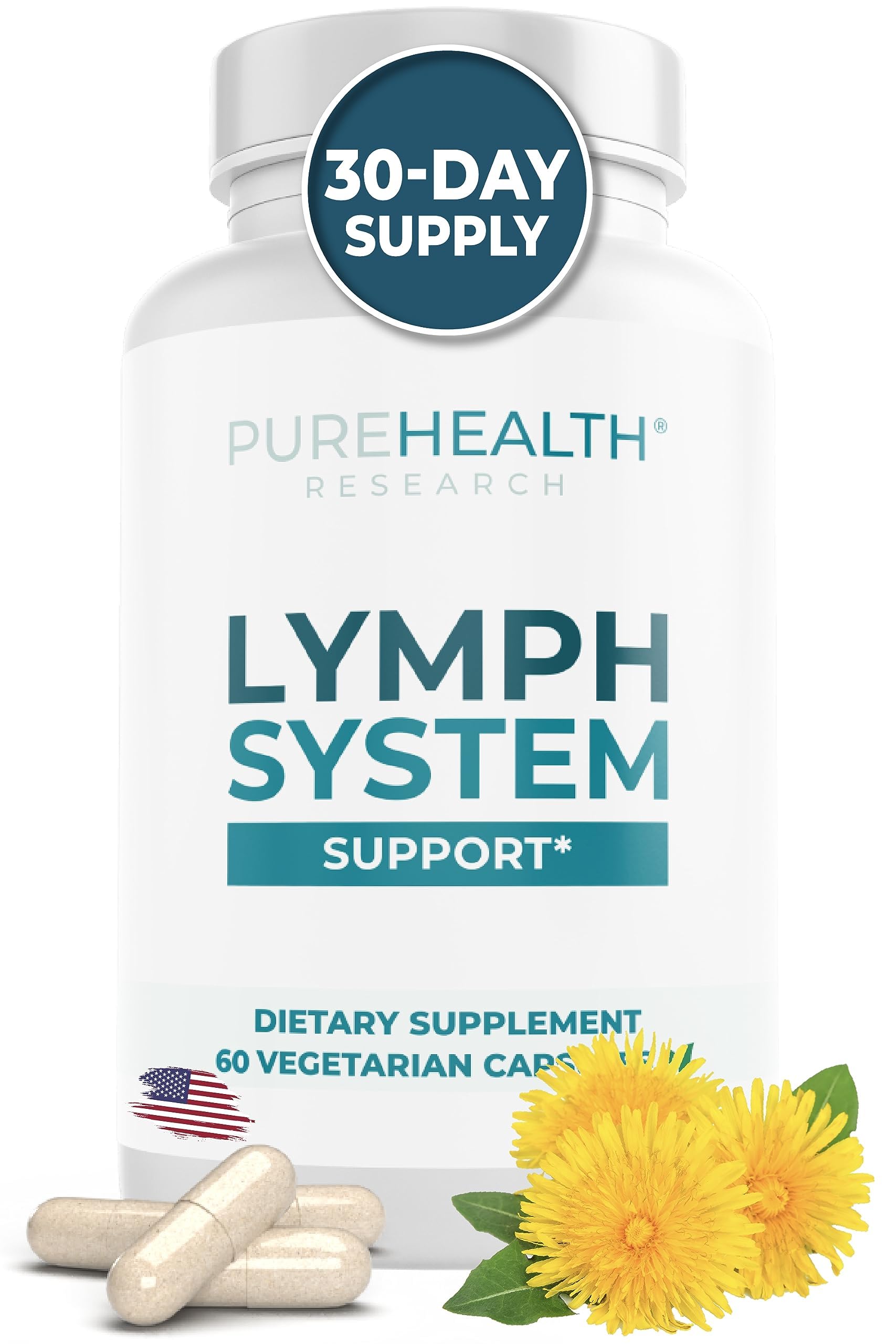 PUREHEALTH RESEARCH Lymph System Support Supplement - Lymphatic Drainage Supplement with Dandelion Extract, Cleavers, Burdock Powder - Reduce Swelling and Cleanse Lymph - 1 Bottle