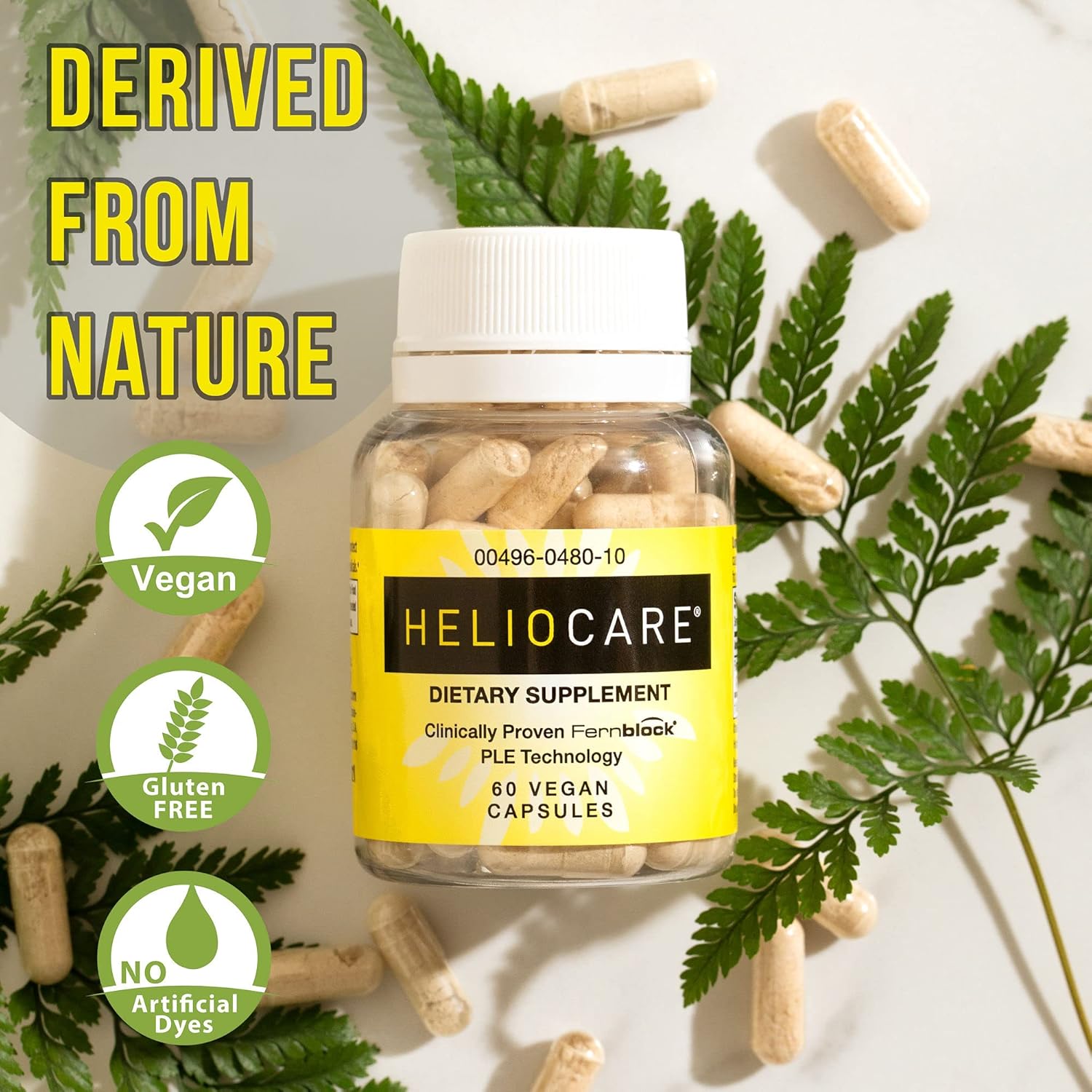 Heliocare Skin Care Dietary Supplement 60 Veggie Capsules : 240mg Polypodium Leucotomos Extract Pills - Antioxidant Rich Formula with Fernblock and PLE Technology