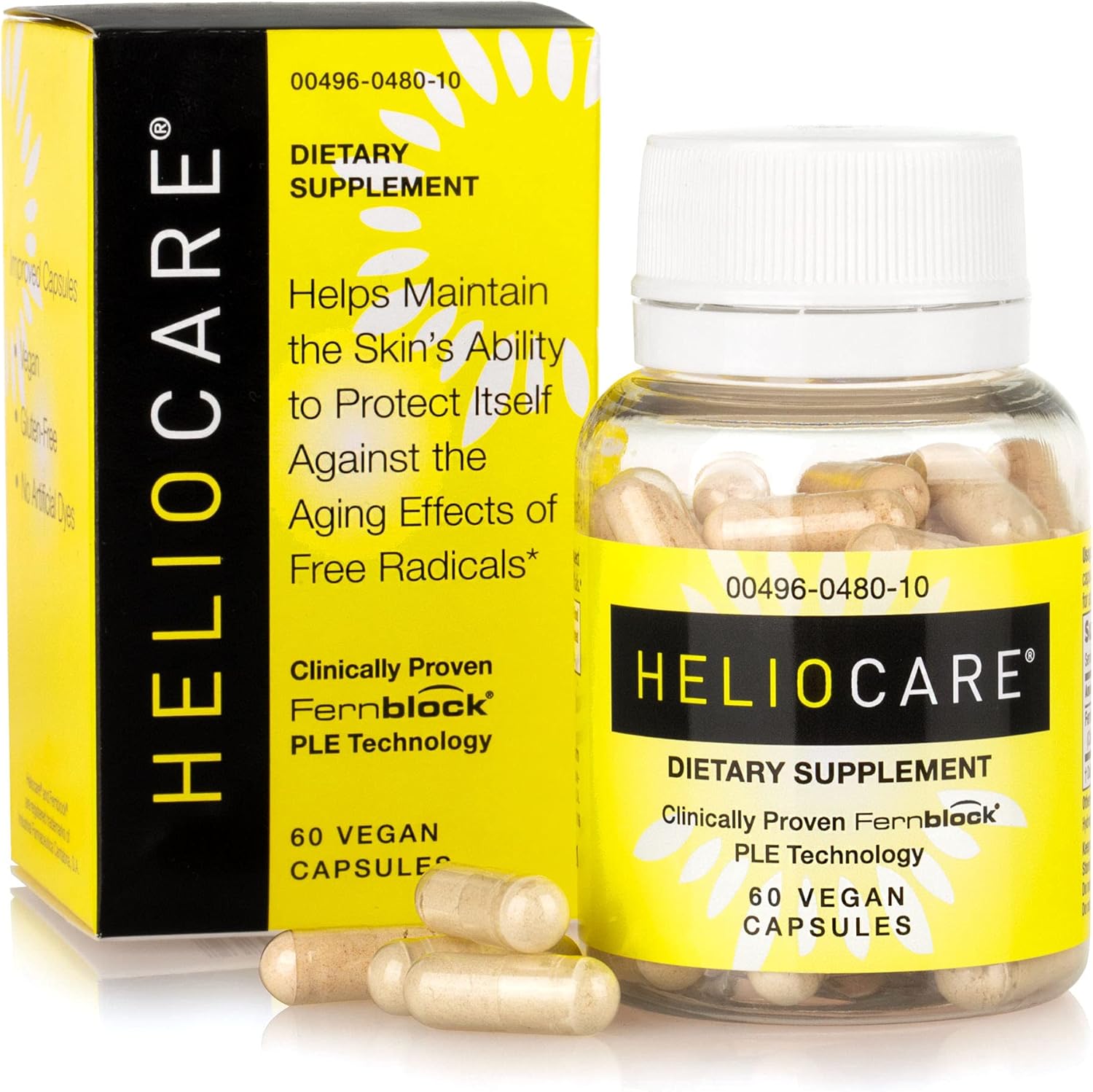 Heliocare Skin Care Dietary Supplement 60 Veggie Capsules : 240mg Polypodium Leucotomos Extract Pills - Antioxidant Rich Formula with Fernblock and PLE Technology