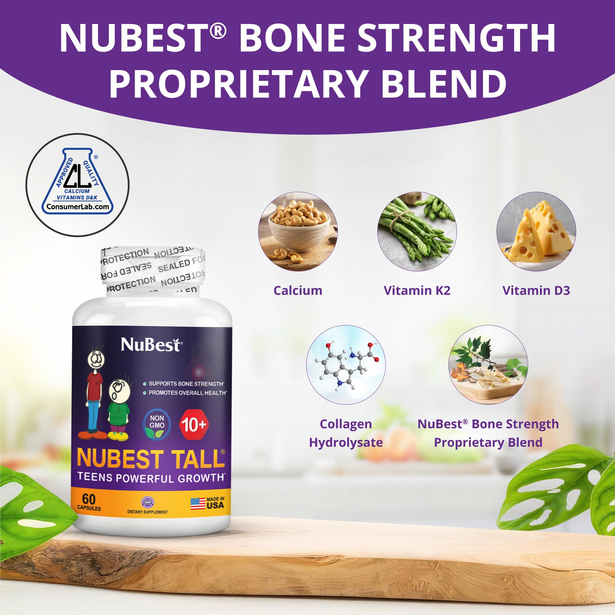 NuBest Tall 10+ Premium Bone Strength Formula, Enhanced Immunity and Overall Health for Age 10+ with Calcium, Vitamin D3, Vitamin K2, and Multivitamins | 60 Capsules | 1 Month Supply