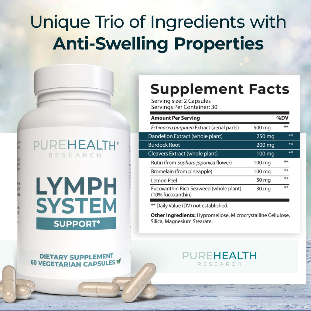 PUREHEALTH RESEARCH Lymph System Support Supplement - Lymphatic Drainage Supplement with Dandelion Extract, Cleavers, Burdock Powder - Reduce Swelling and Cleanse Lymph - 1 Bottle