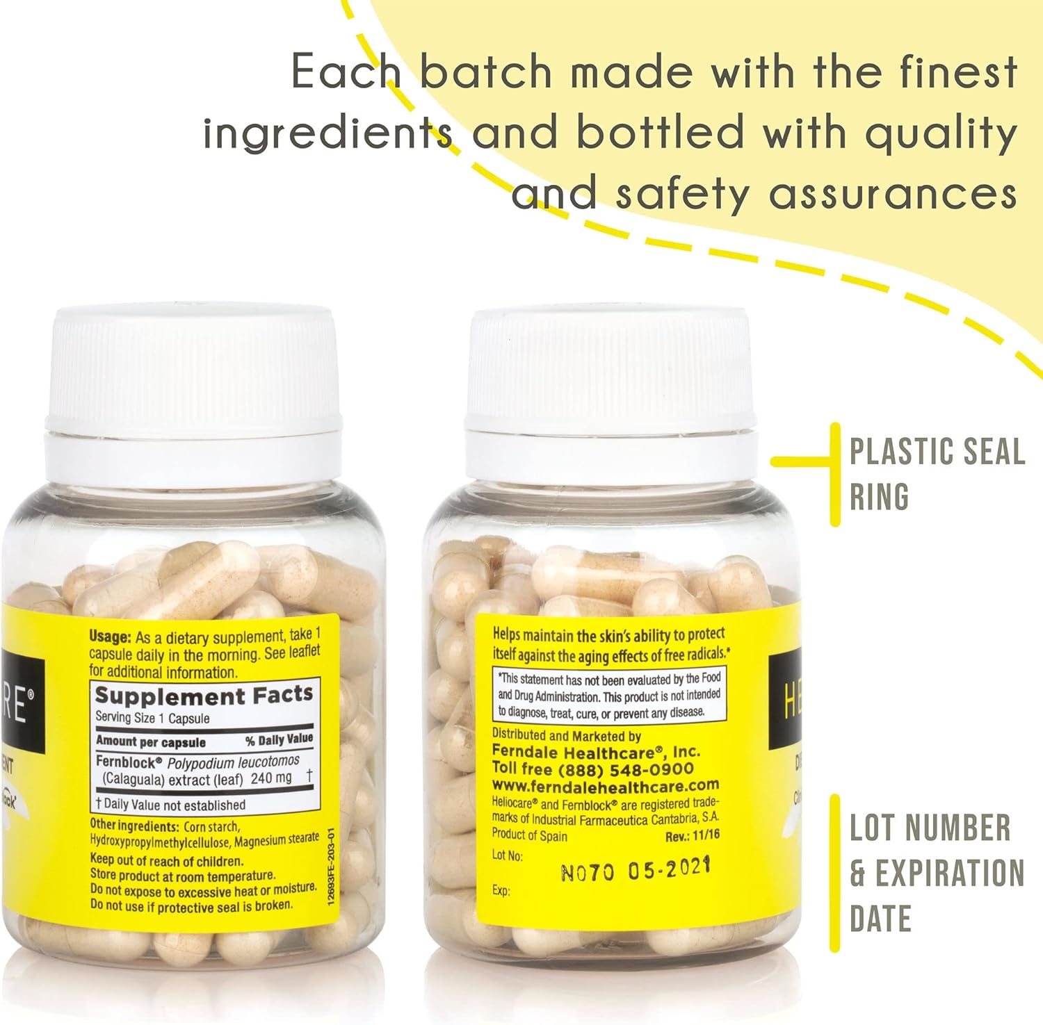 Heliocare Skin Care Dietary Supplement 60 Veggie Capsules : 240mg Polypodium Leucotomos Extract Pills - Antioxidant Rich Formula with Fernblock and PLE Technology