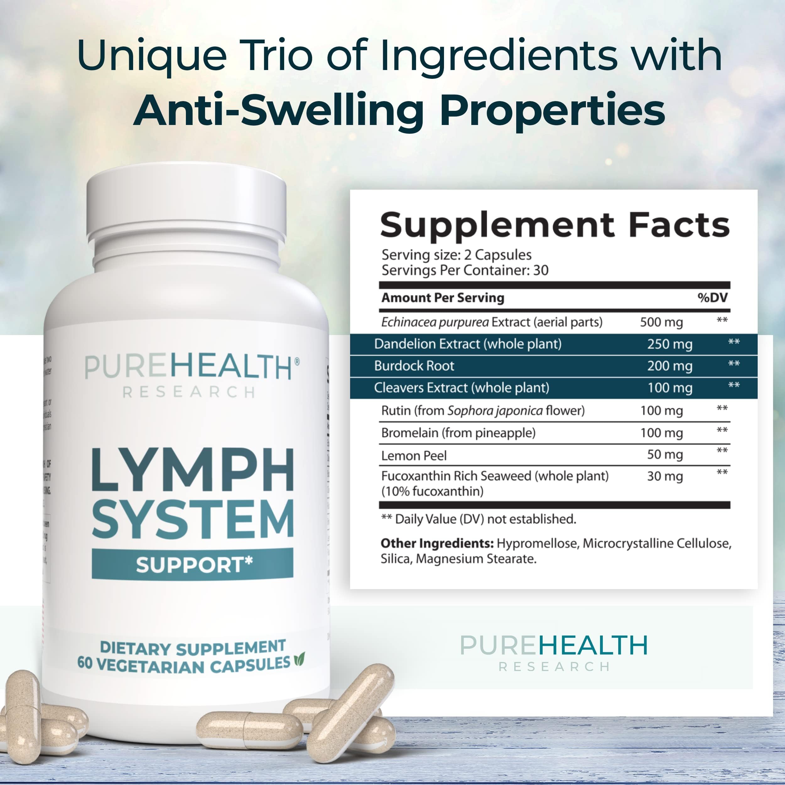PUREHEALTH RESEARCH Lymph System Support Supplement - Lymphatic Drainage Supplement with Dandelion Extract, Cleavers, Burdock Powder - Reduce Swelling and Cleanse Lymph - 1 Bottle